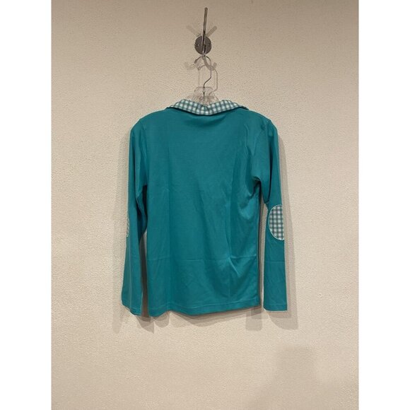 Bella Bliss Shirt Boys 14 Teal Quarter Zip Gingham Collar Elbow Patches Top - Picture 3 of 3